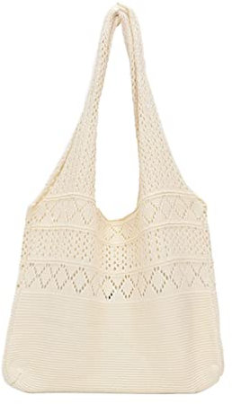 Kichvoe GehäKelte Einkaufstasche Damen Shopper Tasche, BöHmische Hohlgewebe UmhäNgetasche, GroßE KapazitäT Stricktasche FüR Alltag, Reisen, Urlaub, Arbeit, Einkaufen, Weiß