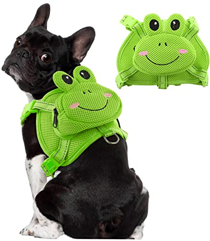 OUOBOB Dog Harness with Backpack, Adjustable Dog Backpack Harness for Small Medium Dogs, No-Pull Breathable Backpacks for Dogs to Wear, for Traveling, Hiking, Camping, Training, Green Frog XS