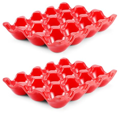 Flexzion 12 Cups Ceramic Egg Holder - Whole Dozen Porcelain Egg Tray Container Keeper Storage Organizer Decorative Serving Stand Serveware for Refrigerator Fridge Countertop Display 2 Pack (Red)