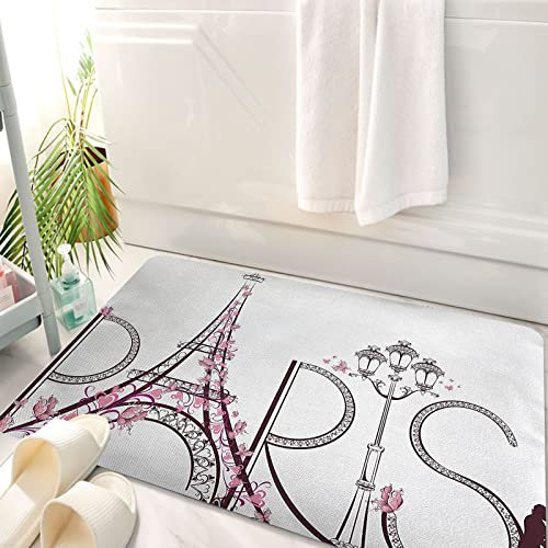 Badematte rutschfeste Badezimmermatte Super saugfähiges Wasser,Paris-Turm Eiffel mit Paris-Schriftzug-Paar-Reise-Blumen-Blumenmuster. Rosa Pflaume,einfach zu reinigen und zu trocknen Badezimmermatten