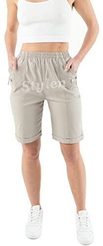 Shorts for Womens UK Pockets Lightweight Elasticated Holidays Easy Care Ladies Travelling Pull on Comfy Lounge Shorts Plus Size (16, Beige (Shorts)