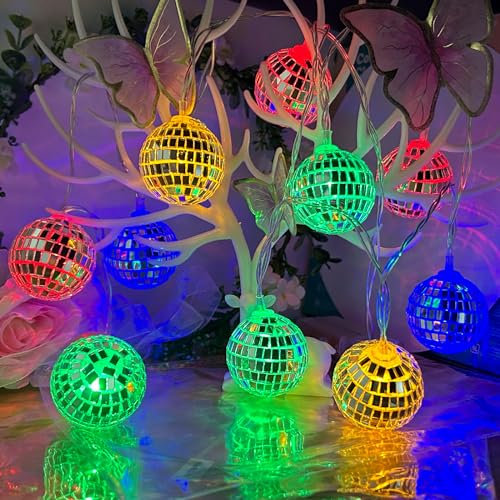Morofme 10 Colorful LED Disco Ball String Lights Hanging Mirror Disco Party Light Mini Disco Balls Ornaments Tree Decoration Light Christmas Lamp for Holiday Wall Window Indoor Outdoor 70s Party