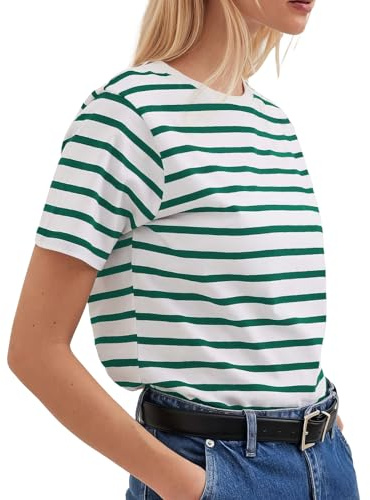 Ajuste Flojo de Las Mujeres Clásico de Manga Corta de Viscosa a Rayas Camiseta con Escote Redondo Cómodo, Casual Tops para Damas