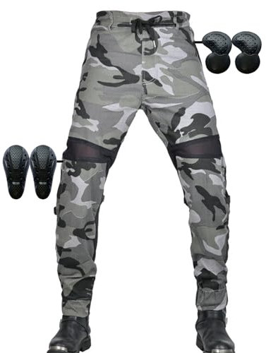 SHUOJIA Pantaloni da Moto, Jeans Protettivi da Moto da Uomo e da Donna Traspiranti Estivi Pantaloni da Corsa da Motocross da Equitazione Corazzati con 4× Armature Rimovibili (Gray camouflage A,XL)