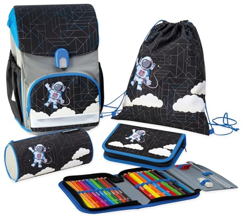 Eberhard Faber 577653 – EFAlino astronaut skolväskeset, 4-delat set med ryggsäck, gymväska, pennfodral och pennfodral, Flerfärgade, Modern