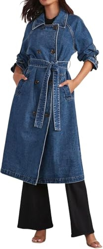 Yancremio Chaqueta Vaquera Larga Oversize para Mujer Las Mujeres de la Moda de la Solapa de la Chaqueta de Mezclilla de la Vendimia Chaqueta Vaquera Vintage Elegante y Ligera (Azul,M)