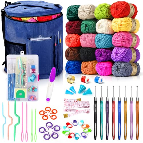 75 Pezzi Kit di Filo per Crochet, Grande Borsa Maglia, 20 Colori di Lana, Set Completo con Accessori per Crochet Borsa Filati, Incluso Uncinetto, Marcatore di Punte, Righello, Kit per Principianti