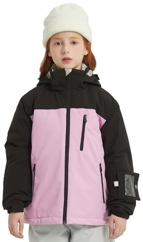 MONTFLIX Girls Ski Jacket Waterproof Warm Winter Snow Coat With Hooded for Outdoor Snowboarding Skiing Jackets（10Y,Black Pink