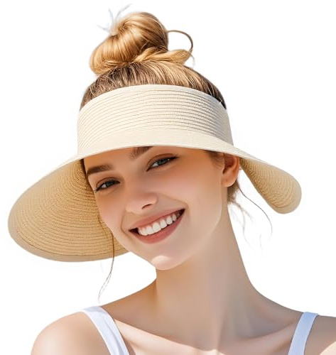 powerking Cappelli Sun Visor per Le Donne, Cappello da Spiaggia di Paglia a Largo Bordo di Protezione UV, Cappelli Estivi di Coda di Cavallo Pieghevoli imballabili Perfetti per Le Vacanze estive