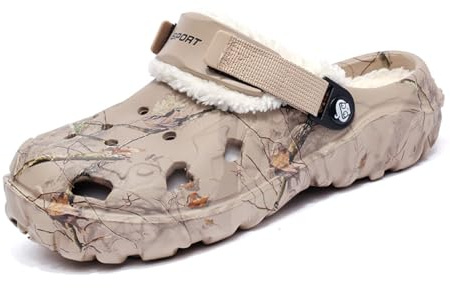 ELIOGN Zoccoli invernali da uomo con fodera in pile – Scarpe Eva impermeabili con fodera interna estraibile, design a slittamento e cinturino regolabile sul tallone, cachi, 44 EU