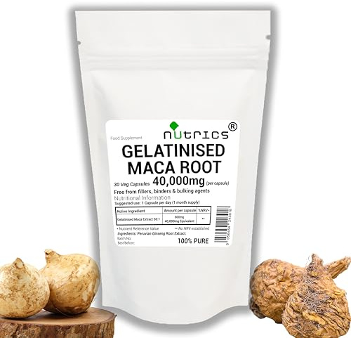 Nutrics® 40,000mg per Capsule Gelatinised Maca Root Extract V Capsules Peruvian Ginseng Pure 50 Times Stronger Than Maca Powder - No Additives - 60 V Capsules (2 Months Supply)