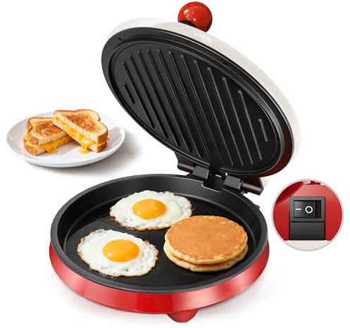 3-in-1 Electric Griddle & Panini Press - CACHOO 8 Nonstick Round Griddle and Sandwich Press with On/Off Switch, 180° Open Design, Perfect for Pancakes, Omelettes, Quesadillas, Veggies (Red/Beige)