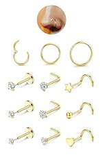 Morfetto Gold Nose Ring Stud - 12PCS Hypoallergenic Surgical Steel Nose Piercing Lip Hoop Septum Clicker Ring CZ Screw L Shaped Studs Threadless Flat Back Stud Nostril Piercing Jewelry Heart