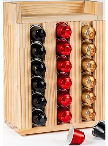JAINFANCIA Porta Cápsulas Madera 40 Unidades – Organizador Vertical con Bandeja Superior y Almacenamiento Trasero – Compatible Tipo Original