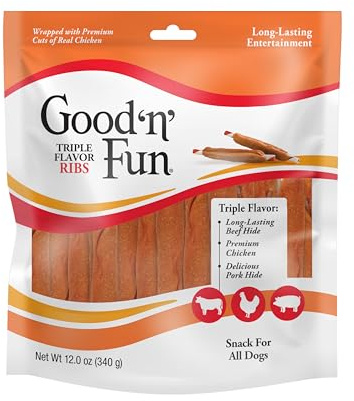 Good ‘n’ Fun Triple Flavor Ribs Chews for All Dogs, 12 Ounces, Treat Your Dog to Long-Lasting Chews Made with Beef Hide, Chicken and Pork Hide