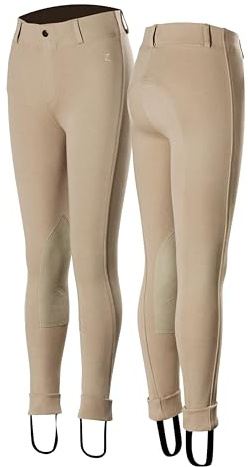 HORZE Nora Girls Leather Knee Patch Jodhpurs, Kids Horse Riding Pants Tan