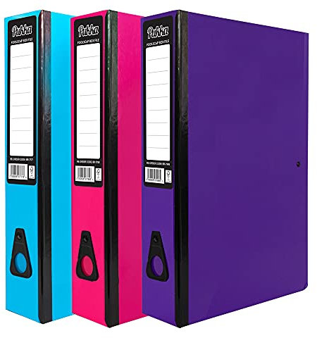 3 x Pukka Foolscap A4 Glossy Box Files with Document Clip & Push Lock School Work Office 70mm Spine File Organiser (Assorted) (Pink Purple Blue)
