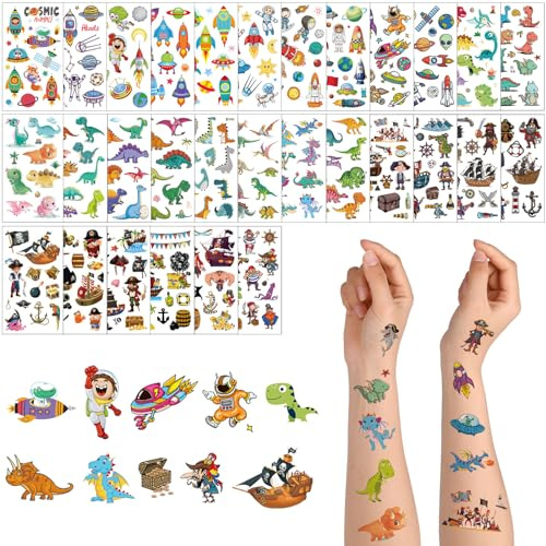ACWOO Tillfällig tatuering för barn, 30 ark Barntatueringsklistermärken, 390 mönster Vattentäta, avtagbara barntatueringsdekaler, Party Tillfälliga tatueringar Söta barntatueringar för födelsedagsfest Väska Fyllningsklass Belöning Giveaways Födelsedagspresent (Dinosaurie + Space + Pirat)