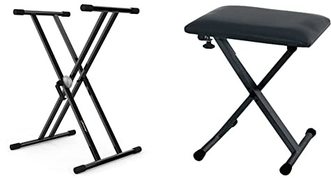 Audibax Onyx 130 Soporte Premium Tijera Doble para Teclado (Yamaha, Casio, Roland, Korg) + GEWA 900530 Banqueta para teclado con 3 niveles de regulación, color negro