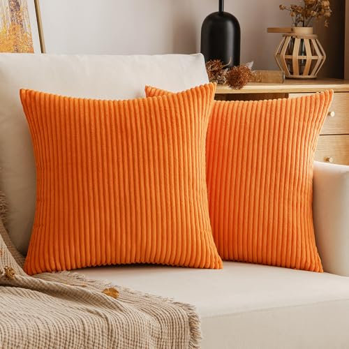 EMEMA Kissenbezug 45x45 cm Herbst Kordsamt Kissenbezüge Dekokissen Sofakissen Cord Kissenhülle Zierkissenbezug Kord Dekorative Weiche für Sofa Wohnzimmer Schlafzimmer 2er Set Orange