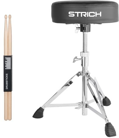 STRICH Drumhocker, höhenverstellbarer gepolsterter Schlagzeughocker, robuster drehbarer Gitarrenhocker mit 5A Drumsticks, SDB-20