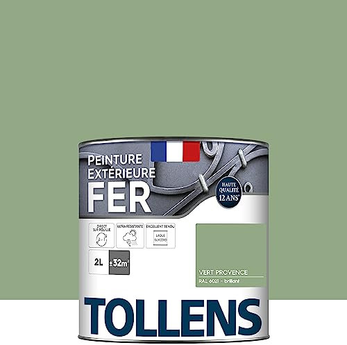 Tollens - Peinture extérieure fer 2 en 1 - Ultra Résistante - Protection antirouille - Laque Riche en Résine - Sans Sous-Couche - Entretien Facile - Brillant - Vert Provence - 2L = 32m2