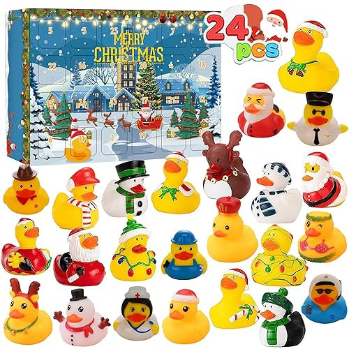 LATERN 2025 Advent Calendar, 24 Days Christmas Countdown with 24 Rubber Ducks Fun Duckie Bath Toys for 3-9 Year Old Girls Toys Christmas Decoration Party Favor Gifts (32cm x 22cm)