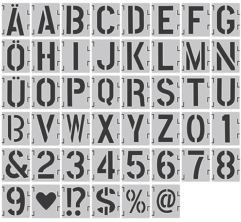 XIAONIU 46 Stück Buchstaben Schablone Kunststoff Deutsche Alphabete, (Ca.7.5cm) Wiederverwendbare Buchstaben Schablonen, Zahlen Zeichen Schablonen, für Malerei auf Wand Wohnkultur DIY und Handwerk