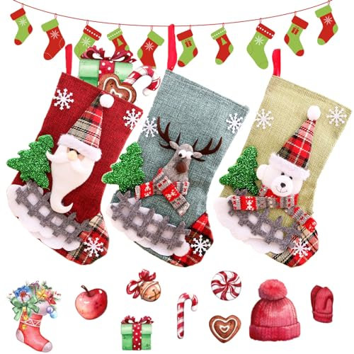 yeemeen Nikolausstiefel Zum, Weihnachtsstrumpf 3er Set, Nikolaus Socken Groß, Nikolausstrumpf zum Befüllen und und Aufhängen, Süßigkeitenbeutel, Weihnachtsmann, Rentier, Bär(23 * 15cm)