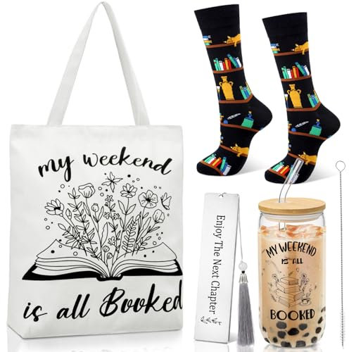 Yungyan Book Lovers Gifts for Women Bookish Gifts Include Canvas Tote Bag Glass Cup Socks Bookmark Tassel Book Club Gift for Women Readers Teacher Bookworms Librarian Author(Classic)