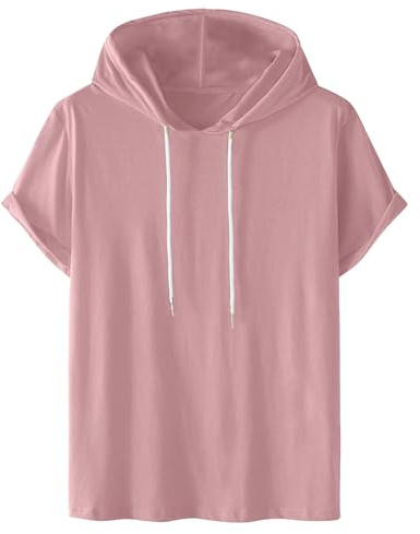 Sweat à capuche à manches courtes pour femme - Couleur unie - Tendance - Décontracté - Grande taille - Confortable - Coton - Chemisier d'été classique - T-shirt de sport - T-shirt d'été, Rose, M