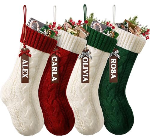 Jodimitty 4 Stück Personalisiert Weihnachsstrumpf in Kontrastfarben 46cm Gestrickte Nikolausstrumpf mit 4 Leeren Holz Namensschildern, Geschenk Aufhngen Weihnachtsdeko für Kamin Wand Treppe Baum