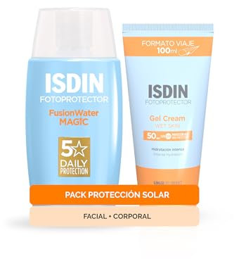 ISDIN PACK Protector Solar Facial + Corporal - Fusion Water Magic SPF 50 y Gel Cream SPF 50, 100ml, especial para Viaje