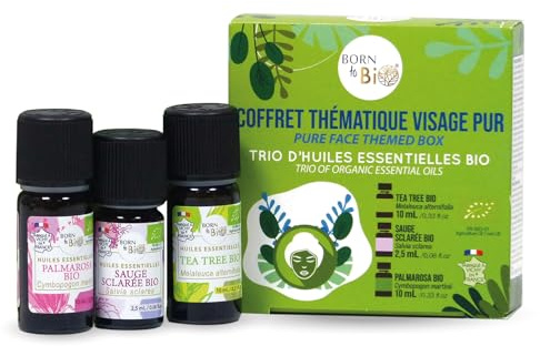 BORN TO BIO Coffret Huiles Essentielles - Thématique Visage Pur - Trio d'Huiles Essentielles BIO - Propriétés Purifiantes - Tea Tree, Sauge Sclarée et Palmarosa