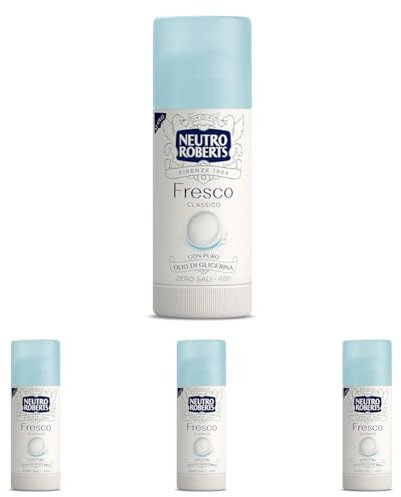 Neutro Roberts, Deodorante Stick Fresco, Zero Sali di Alluminio, Zero Macchie, Con Puro Olio di Glicerina, Deodorante Uomo e Donna, Dermatologicamente Testato, Formato 40 ml, 48h (Confezione da 4)