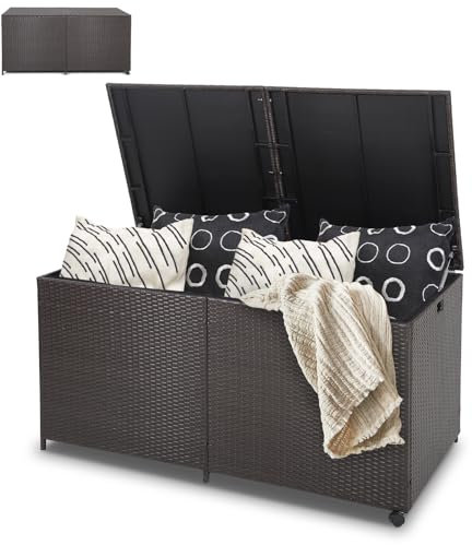 HOMASIS 662L Auflagenbox wetterfest, Gartenbox aus PE-Rattan, Aufbewahrungsbox mit Deckel, 2 Rollen, Abdeckung & Reißverschluss, XXL Kissenbox Gartentruhe Outdoor, 150 x 77 x 73 cm, Braun