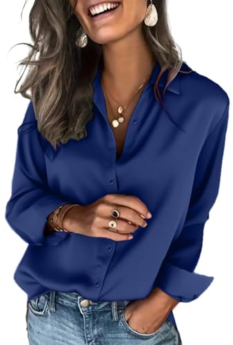 Zeagoo Damen Satin Bluse Elegant V-Ausschnitt Hemdbluse Langarm Satinblusen Button Down Business Shirts Lässige Oberteil Tops Marineblau XXL