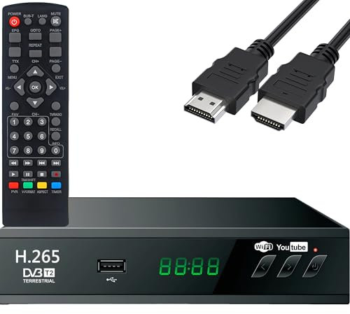 Retoo Récepteur DVB-T2 HD avec H.265 HEVC, récepteur numérique avec HDMI, péritel, fonction d'enregistrement PVR, Timeshift & USB, tuner TV Full HD pour télévision par câble, télécommande et câble