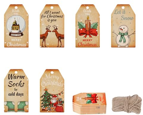 ONBAGLST 6 Styles Gift Tag Christmas,60pcs Christmas Tags with String, Kraft Present Gift Tags Hang Labels with 40 Feet Natural Jute String (Style4)