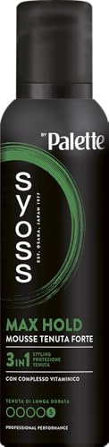 Syoss Palette Max Hold Mousse Tenuta Forte 250ml, Schiuma capelli ricci 3-in-1 che acconcia, protegge e ripara, Spuma capelli ricci con complesso vitaminico adatta per il Curly Hair Method*