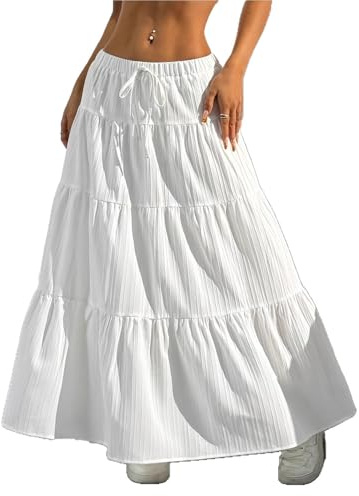 XFSRG Jupe Longue Femme d'Été Taille Haute Elastique A Ligne Élégante Plissée Bohême Maxi Jupes pour Vacances Plage Décontractée(Blanc/L)