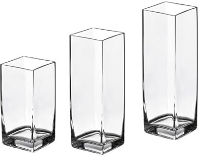 Set di 3 Vasi in Vetro Quadrati Decorativi, 10x10 cm, Altezze 19, 24, 27 cm