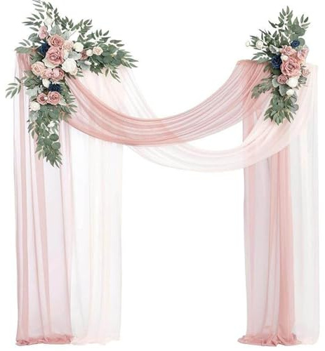 Tessuto drappeggiante Arco Nuziale e 2 Nastri, 2 Pezzi di Composizione Floreale, Drappeggi Tessuto Chiffon Tende Trasparenti da Sfondo Matrimoni,Decorazioni soffitti ad Arco