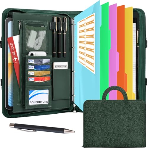 BONFORTURE Carpeta A4 con 5 separadores, carpeta de conferencias con 4 anillas con cremallera, asa, portapapeles, bloc de notas, bolígrafo, carpeta de documentos, carpeta para oficina, negocios
