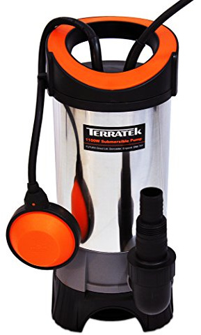 Terratek 1100W Submersible Water Pump, 250L/Min, Automatic Float Switch | Stainless steel pump with 250L/min flow, handles particles up to 35mm, automatic float switch and corrosion-resistant body.