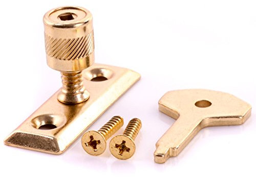 Brass Plated Window Stay + Key - Wooden Frame Casement Lock Turn/Catch/Latch Fixing