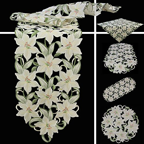 Quinnyshop Weiße Lilie Stickerei Tischdecke Deckchen ca. 30 cm Rund Polyester, Weiß Grün