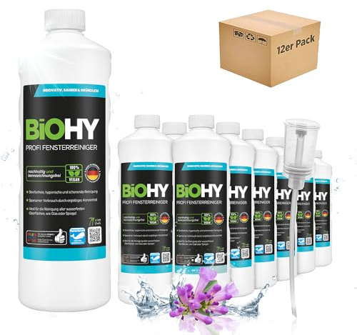 BiOHY Detergente per finestre professionale (12 bottiglie da 1l) + Distributore | Detergente concentrato per vetri | adatto ai PULITORI A VUOTO PER VETRI | pulizia senza striature (Fensterreiniger)
