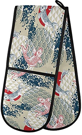 RXYY - Guante de horno doble vintage Koi Fish Japón resistente al calor, guantes largos de horno para cocinar, hornear, asar a la parrilla, manejar ollas calientes