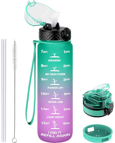 GOPPUS Borraccia in Tritan 1L, con cannuccia e misurazioni, a prova di perdite, tappo ribaltabile e chiusura a chiave, tacche orarie, per scuola e adulti